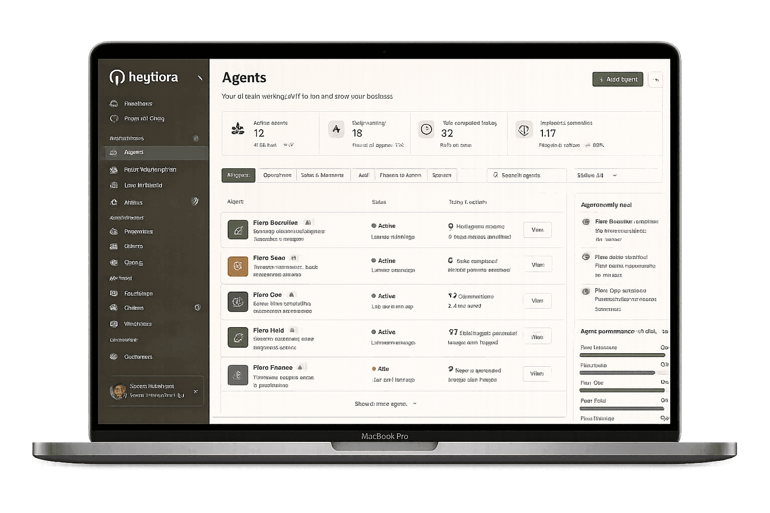 The HeyFlora Agents dashboard, an AI team running 24/7