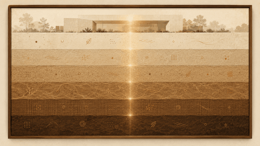 A cross-section view of six layered strata, suggesting the architectural primitives underneath an AI agent