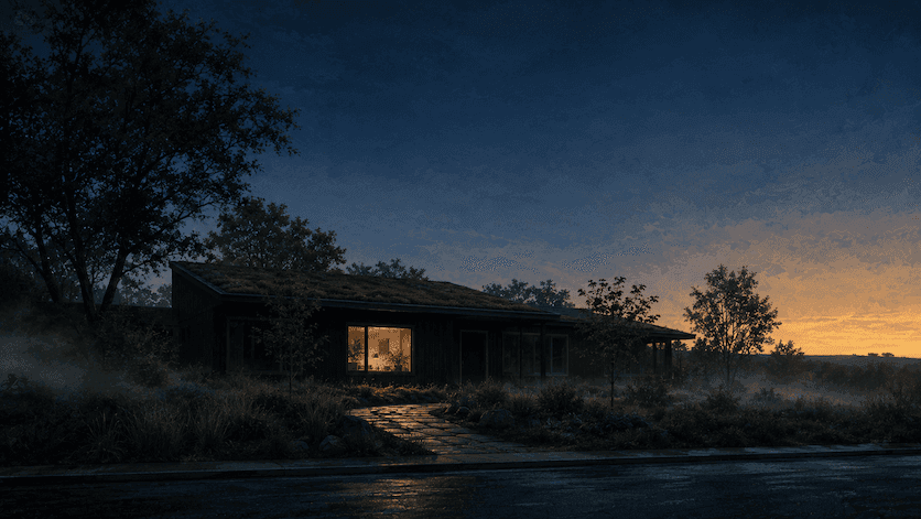 A landscape company back office at pre-dawn, one warm window glowing while everything else is dark