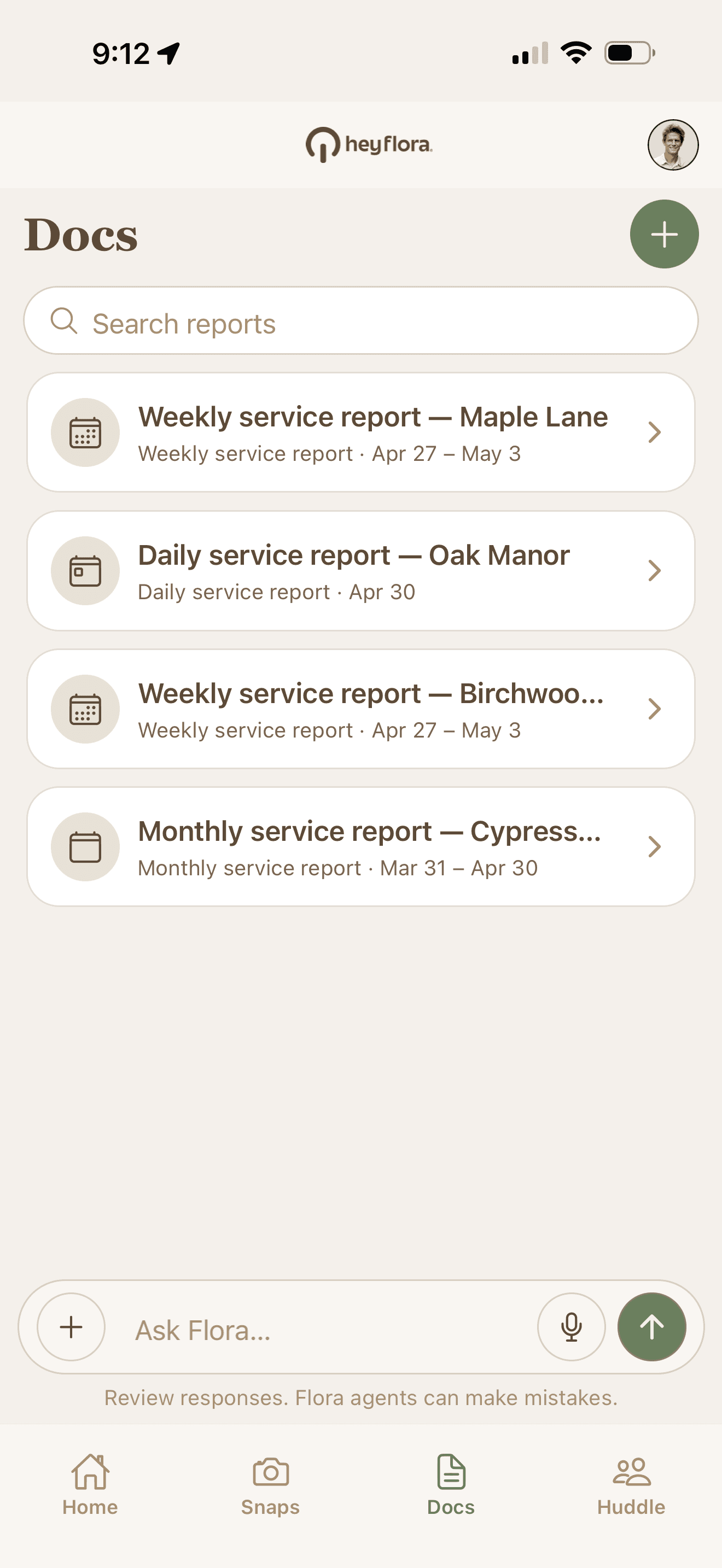 Flora Docs, mobile app screen