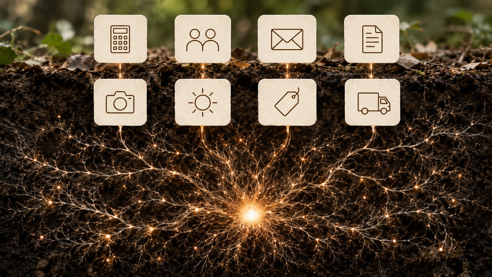 Eight software systems shown as cards above ground, connected to a single glowing mycelium intelligence layer underneath. Thin tendrils rise from a central core up to each system, with organic root branches spreading outward through the soil.