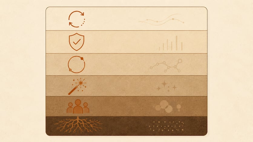 Six horizontal layers stacked in cross-section, each in a slightly different warm tone, suggesting the architectural primitives that compose a working AI agent.