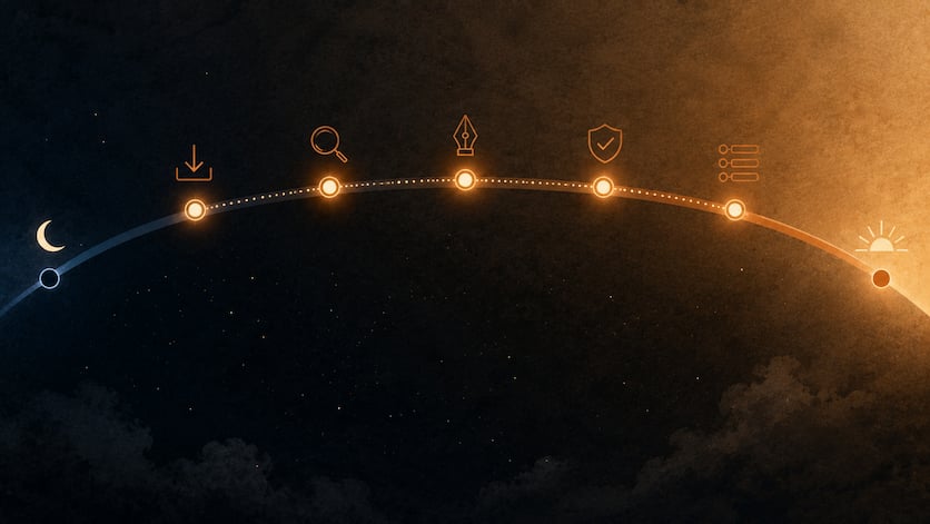 A clock-face diagram showing five phases of the overnight cycle, arcing from 9 p.m. on the left to 6 a.m. on the right, transitioning visually from deep evening blue through midnight black to warm dawn amber, with abstract icons for each phase.